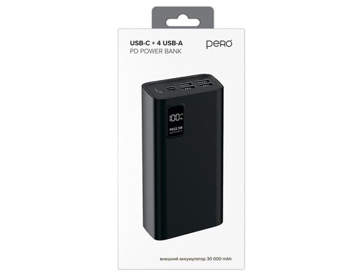 Внешний аккумулятор PERO PB07 30000 mAh, Li-Pol, output USB-C + 4 USB-A, черный